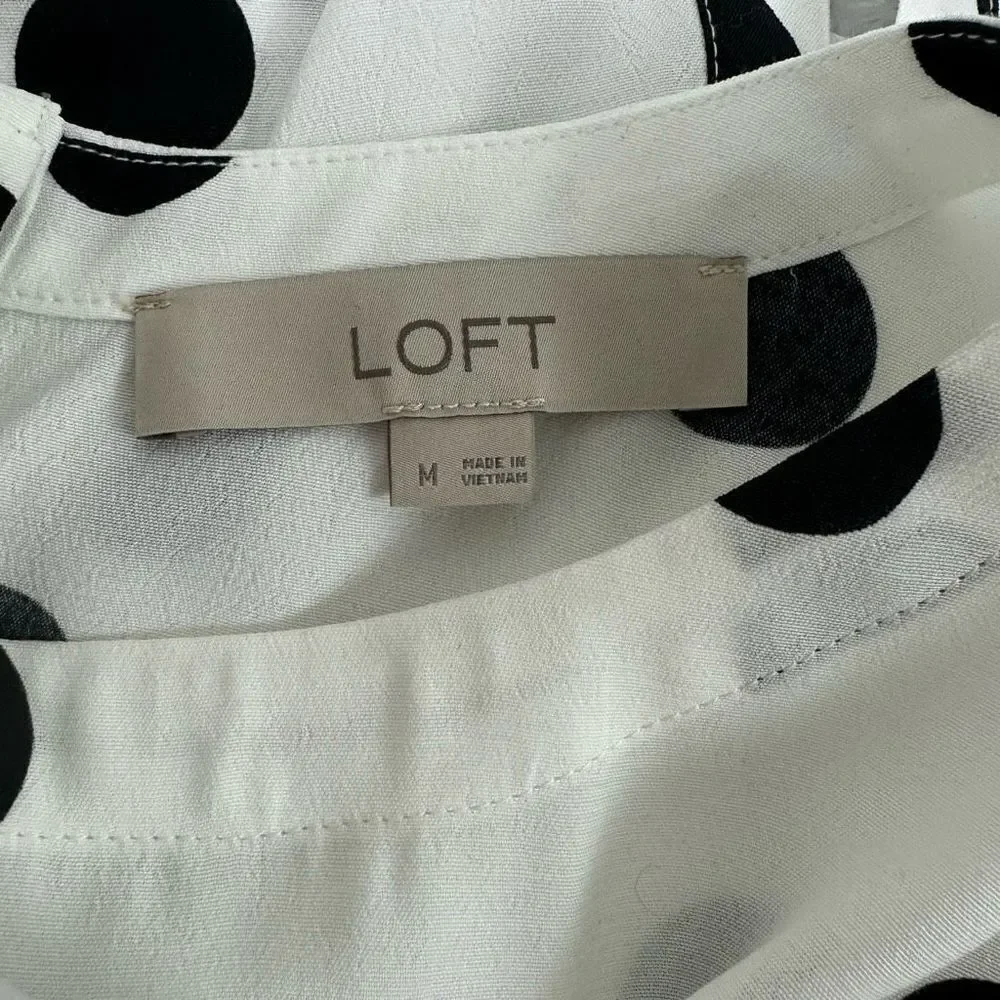 Loft Women's Size M Button Back Semi‎ Sheer Polka Dot Blouse Black White